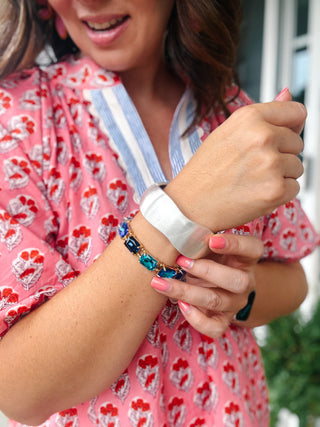 Odessa Bracelet - Gold Stretch Bracelet with Blue and Teal Faceted Rectangular Gems
