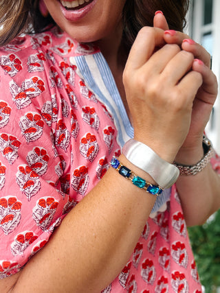 Odessa Bracelet - Gold Stretch Bracelet with Blue and Teal Faceted Rectangular Gems
