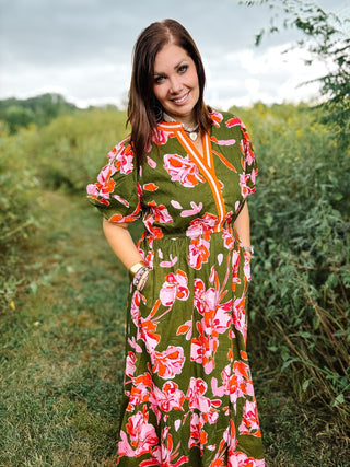Tallulah Dress by THML - Olive Green Midi Dress with Orange Contrast Stripes Tallulah Dress by THML - Olive Green Midi Dress with Orange Contrast Stripes