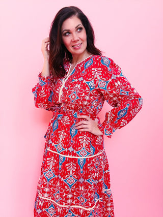 red boho midi dress Marci Boho Midi Dress