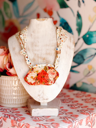 Scarf Necklace with autumn florals on cream background and an upcycled vintage china plate pendant