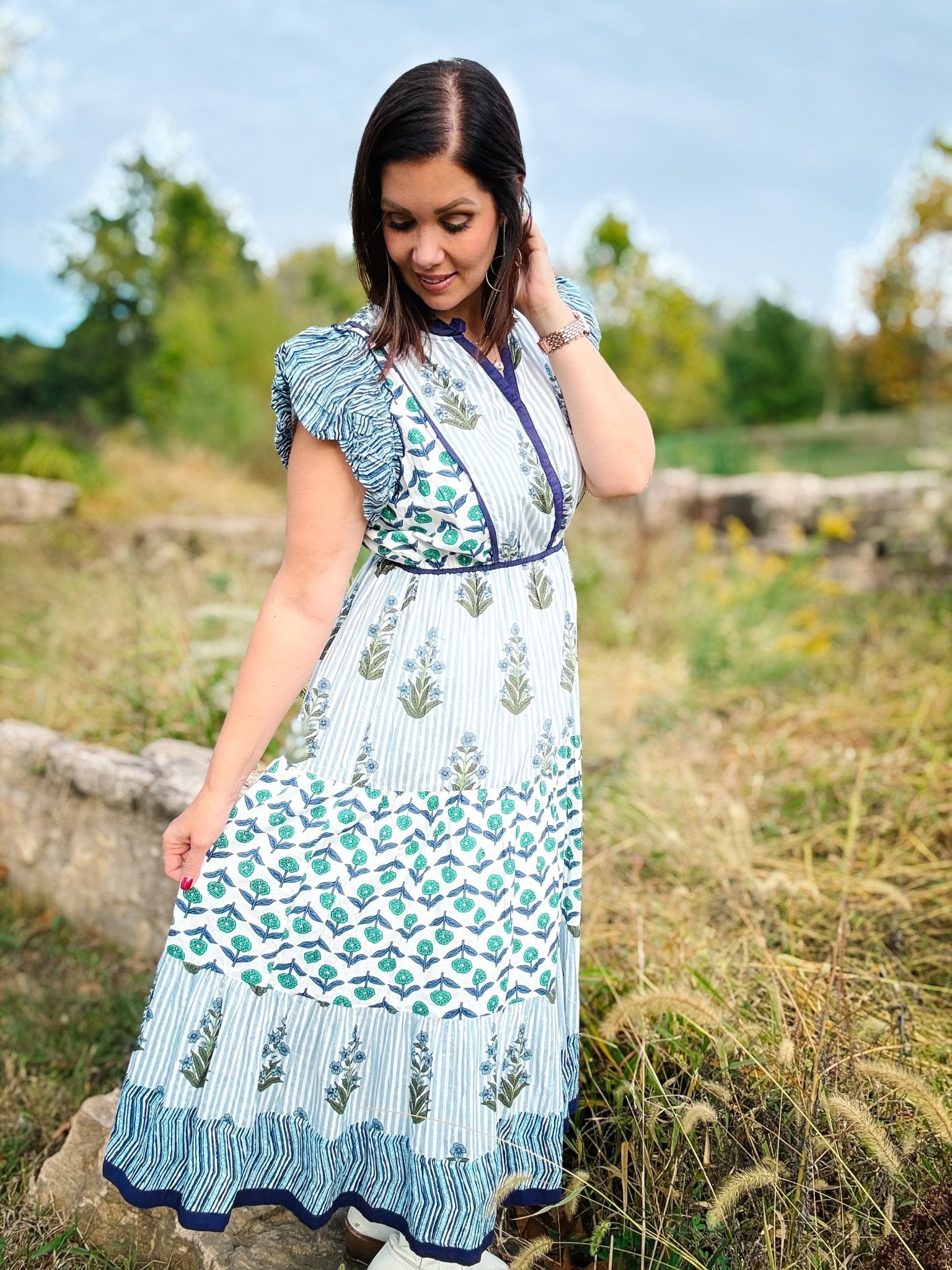 Eloise Dress by THML - Blue Floral Block Print Maxi Dress Eloise Dress by THML - Blue Floral Block Print Maxi Dress