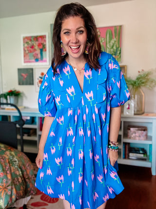 blue floral mini dress with oversized scallop collar and puff sleeves
