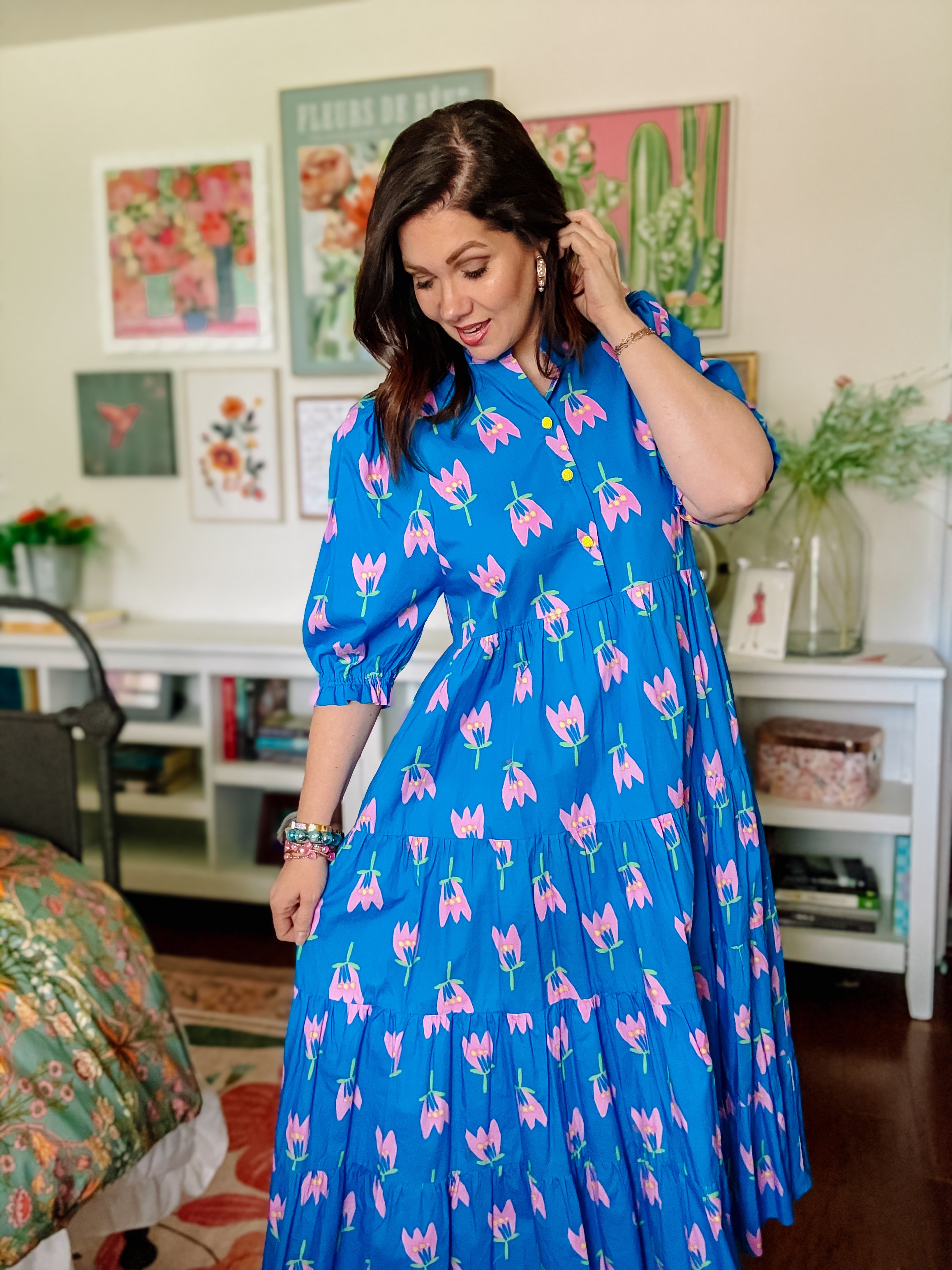 Blue Floral Tiered Maxi Dress with Puff Sleeves Karlie M