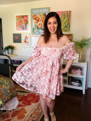 Pink Floral Lace Babydoll Dress with Sequins