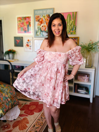 blush pink floral lace babydoll dress with puff sleeves and sequin detail