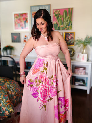blush pink strapless floral maxi dress with pockets and smocked back