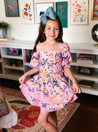 buddy love girls pink butterfly skirt set with puff sleeves and ruffle skirt
