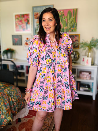 buddy love pink butterfly print mini dress with puff sleeves and pockets
