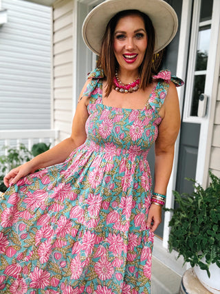 Turquoise and pink floral block print cotton maxi dress with smocked bodice and bow tie straps