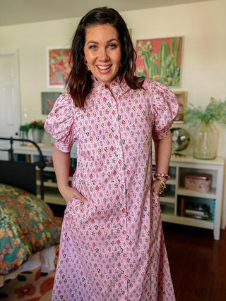 Pink floral button front midi dress with puff sleeves and collar for Easter and spring outfits