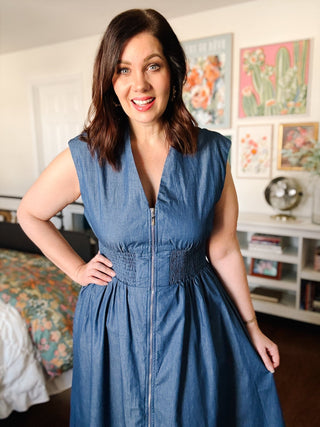 thml denim dress Zip Up Puff Sleeve Denim Dress Denim Blue / XS