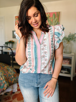 floral stripe blouse with ruffle sleeves and v neckline