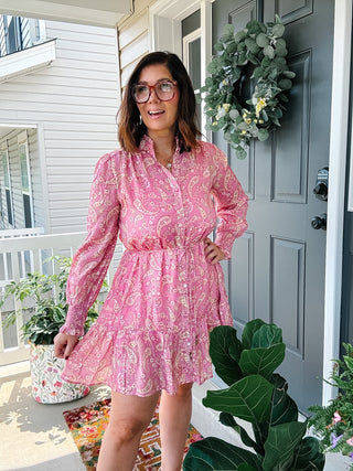 Hadley pink paisley mini dress for women with long sleeves, smocked cuffs, tie waist and ruffle hem