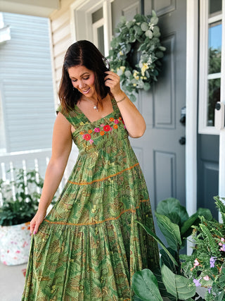 Ivy Jane Sister Mary Green Irene embroidered maxi dress with colorful floral detail