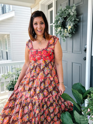 Ivy Jane Sister Mary Rosa brown floral embroidered maxi dress