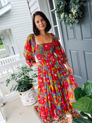 Karlie blue floral chiffon smocked maxi dress for fall weddings and family photos with red pink and mustard floral print
