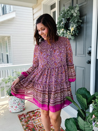Karlie purple floral smocked fall mini dress with pink trim