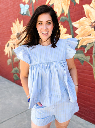 light blue striped matching shorts set with flutter sleeve babydoll top and elastic waist shorts