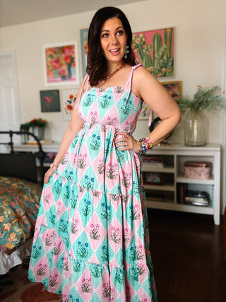 pink and aqua floral smocked maxi dress with adjustable tie straps