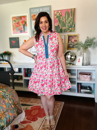 pink floral sleeveless tiered mini dress with contrast neckline by THML
