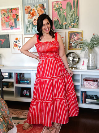 red striped maxi skirt set with smocked crop top