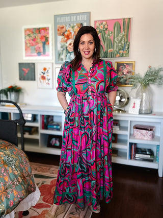 retro jewel swirl print midi dress with puff sleeves and ruffle detail by Karlie