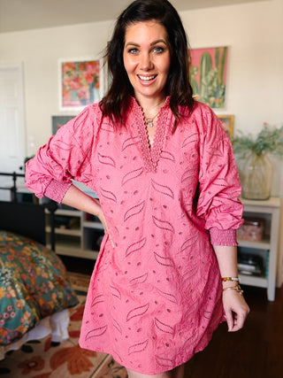 Coral pink lace shift dress with removable liner and long sleeves for Easter and spring outfits