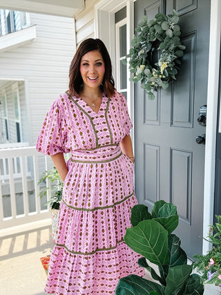THML Drea pink printed midi dress with olive green trim, balloon sleeves, tiered skirt and pockets for women