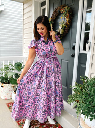 Violet purple botanical block print cotton maxi shirt dress with flutter sleeves, tie belt and pockets