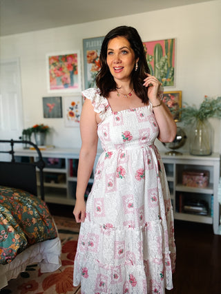 white lace floral midi dress with smocked bodice and ruffle straps